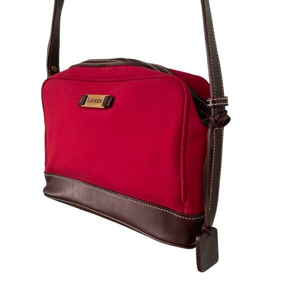 Lauren Ralph Lauren Red Velvet with Brown Trim Shoulder Bag - Picture 3 of 7